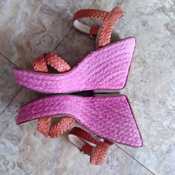 Diane Von Furstenberg pink & orange woven platform wedge sandals, size 11 - Picture 2 of 10
